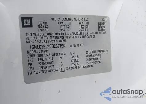 2012 Chevrolet Tahoe Commercial Fleet из США, поврежденный, VIN 1GNLC2E03CR250798